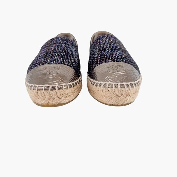 Chanel CC Cap Toe Espadrilles EU 39 US 8-8.5 Navy Metallic Tweed Slip On Flat - Picture 5 of 12